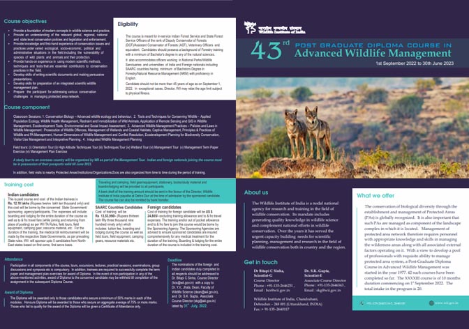 43 post graduate diploma course in Advanced Wildlife Management 1st September 2022 to 30th June 2023