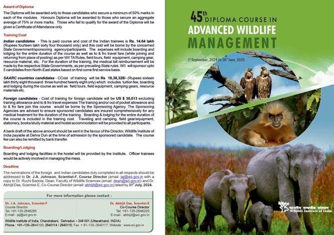 45th Post Graduate Diploma Course in Advanced Wildlife Management ( September 1, 2024 - June 30, 2025)
